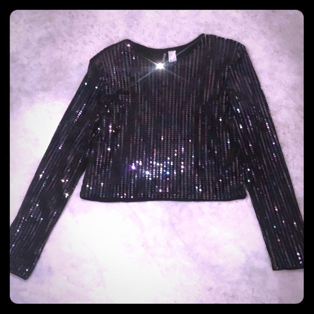 Long sleeve iridescent sequined crop top